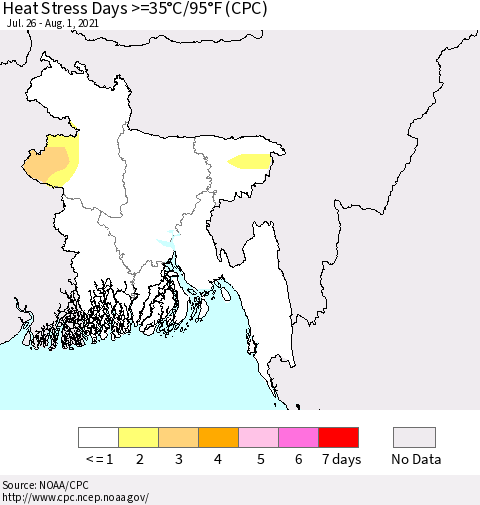 Bangladesh Heat Stress Days >=35°C/95°F (CPC) Thematic Map For 7/26/2021 - 8/1/2021