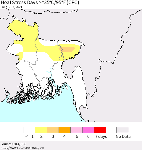 Bangladesh Heat Stress Days >=35°C/95°F (CPC) Thematic Map For 8/2/2021 - 8/8/2021