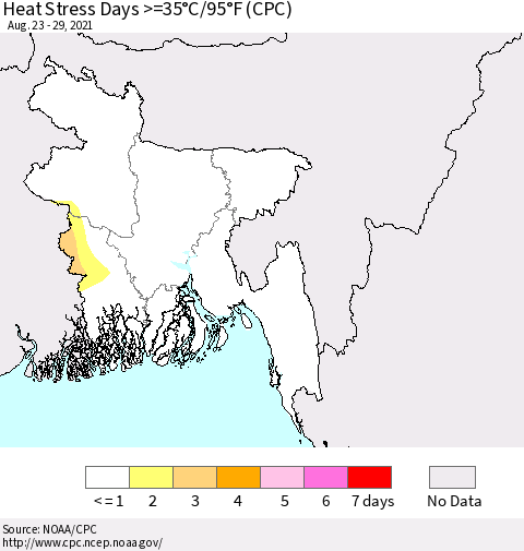 Bangladesh Heat Stress Days >=35°C/95°F (CPC) Thematic Map For 8/23/2021 - 8/29/2021