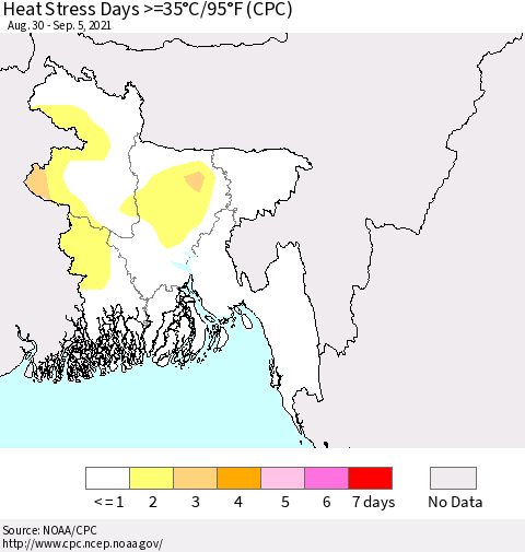 Bangladesh Heat Stress Days >=35°C/95°F (CPC) Thematic Map For 8/30/2021 - 9/5/2021
