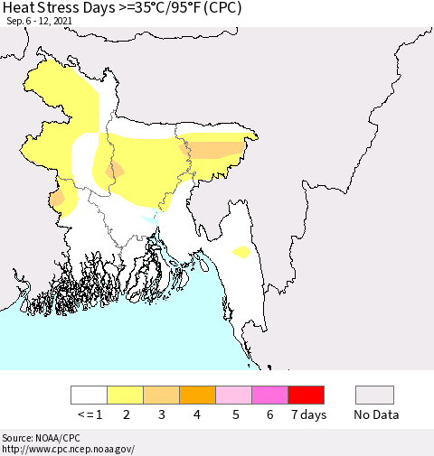Bangladesh Heat Stress Days >=35°C/95°F (CPC) Thematic Map For 9/6/2021 - 9/12/2021