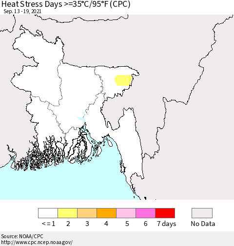 Bangladesh Heat Stress Days >=35°C/95°F (CPC) Thematic Map For 9/13/2021 - 9/19/2021