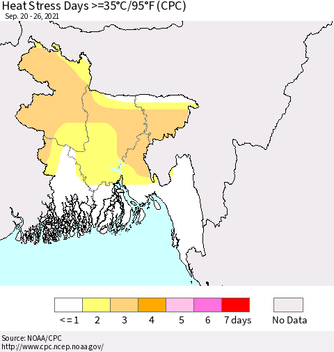 Bangladesh Heat Stress Days >=35°C/95°F (CPC) Thematic Map For 9/20/2021 - 9/26/2021