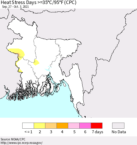 Bangladesh Heat Stress Days >=35°C/95°F (CPC) Thematic Map For 9/27/2021 - 10/3/2021