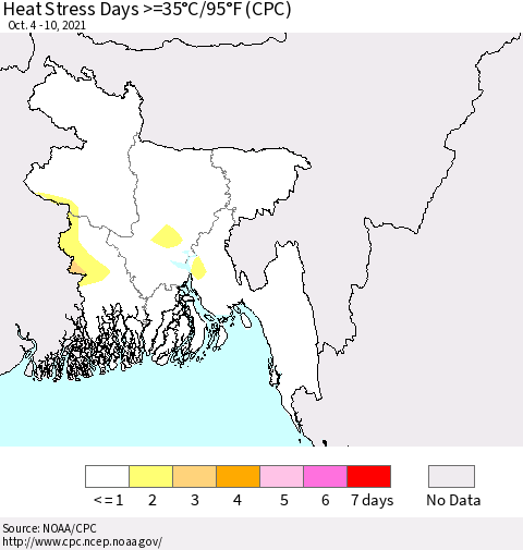 Bangladesh Heat Stress Days >=35°C/95°F (CPC) Thematic Map For 10/4/2021 - 10/10/2021