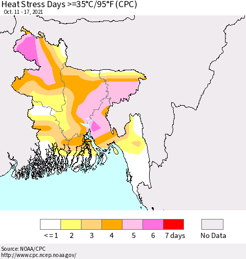 Bangladesh Heat Stress Days >=35°C/95°F (CPC) Thematic Map For 10/11/2021 - 10/17/2021