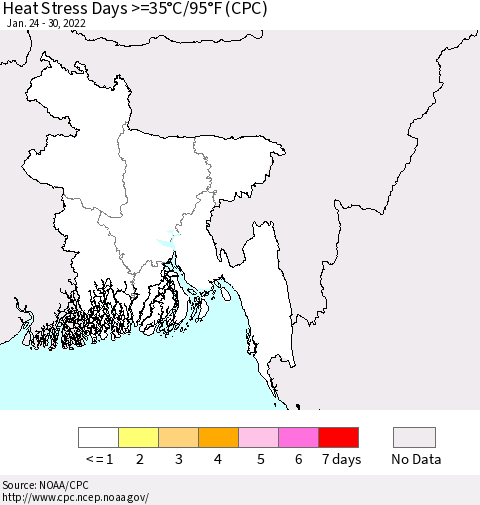 Bangladesh Heat Stress Days >=35°C/95°F (CPC) Thematic Map For 1/24/2022 - 1/30/2022