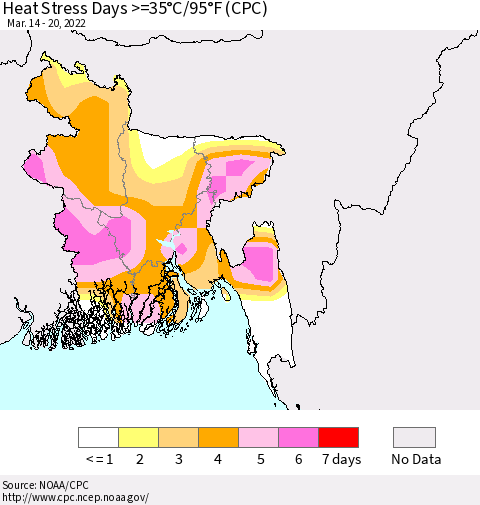 Bangladesh Heat Stress Days >=35°C/95°F (CPC) Thematic Map For 3/14/2022 - 3/20/2022
