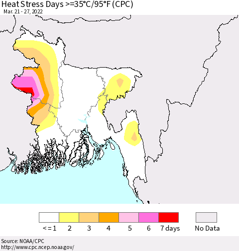 Bangladesh Heat Stress Days >=35°C/95°F (CPC) Thematic Map For 3/21/2022 - 3/27/2022
