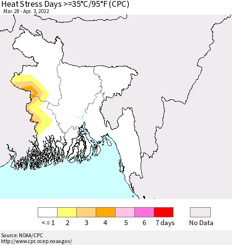 Bangladesh Heat Stress Days >=35°C/95°F (CPC) Thematic Map For 3/28/2022 - 4/3/2022