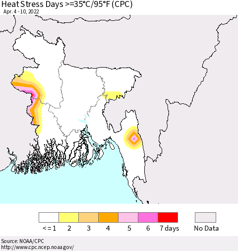 Bangladesh Heat Stress Days >=35°C/95°F (CPC) Thematic Map For 4/4/2022 - 4/10/2022