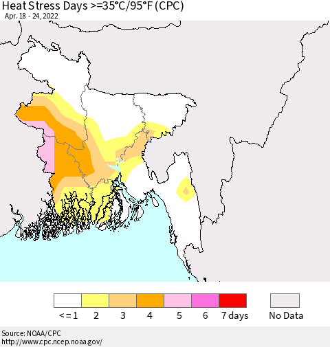 Bangladesh Heat Stress Days >=35°C/95°F (CPC) Thematic Map For 4/18/2022 - 4/24/2022
