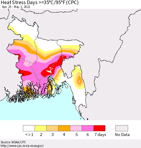 Bangladesh Heat Stress Days >=35°C/95°F (CPC) Thematic Map For 4/25/2022 - 5/1/2022