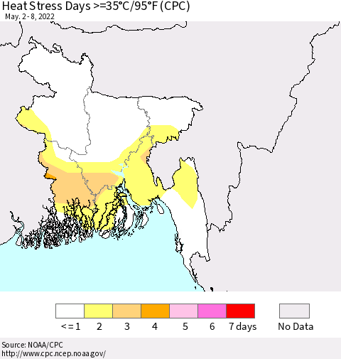 Bangladesh Heat Stress Days >=35°C/95°F (CPC) Thematic Map For 5/2/2022 - 5/8/2022