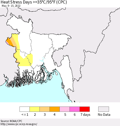 Bangladesh Heat Stress Days >=35°C/95°F (CPC) Thematic Map For 5/9/2022 - 5/15/2022
