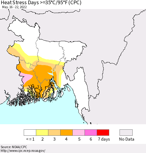 Bangladesh Heat Stress Days >=35°C/95°F (CPC) Thematic Map For 5/16/2022 - 5/22/2022
