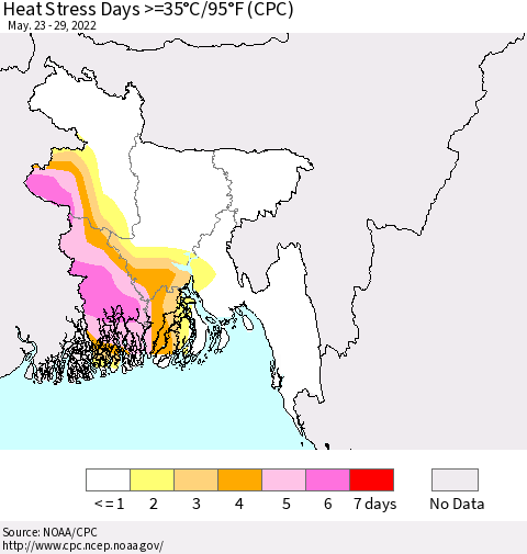 Bangladesh Heat Stress Days >=35°C/95°F (CPC) Thematic Map For 5/23/2022 - 5/29/2022