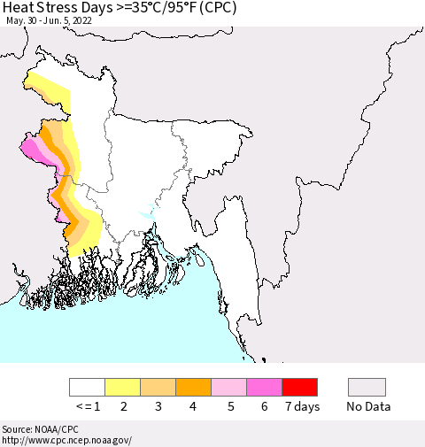 Bangladesh Heat Stress Days >=35°C/95°F (CPC) Thematic Map For 5/30/2022 - 6/5/2022