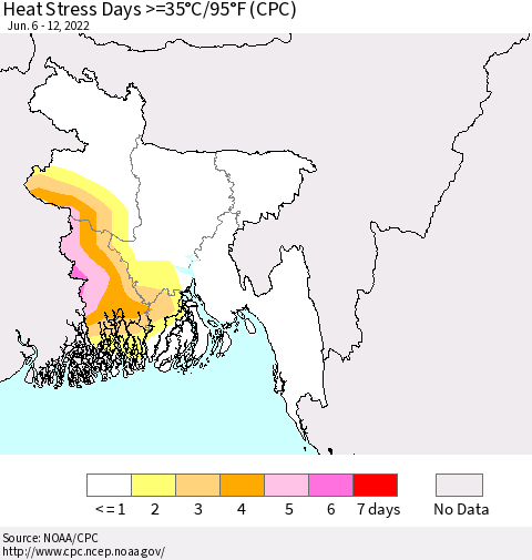 Bangladesh Heat Stress Days >=35°C/95°F (CPC) Thematic Map For 6/6/2022 - 6/12/2022