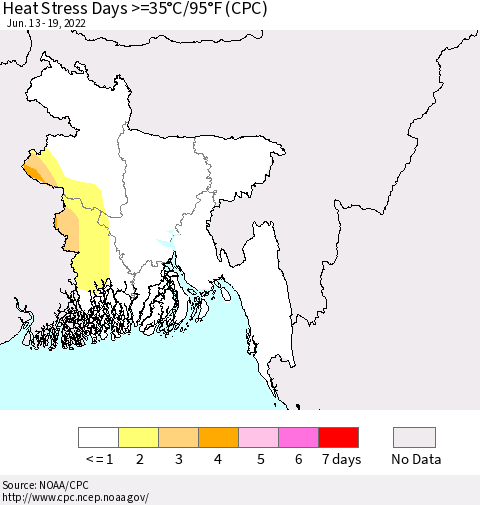 Bangladesh Heat Stress Days >=35°C/95°F (CPC) Thematic Map For 6/13/2022 - 6/19/2022