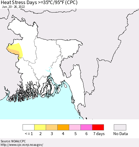 Bangladesh Heat Stress Days >=35°C/95°F (CPC) Thematic Map For 6/20/2022 - 6/26/2022