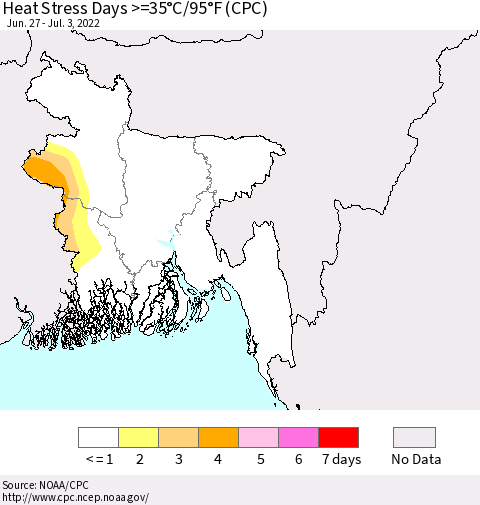 Bangladesh Heat Stress Days >=35°C/95°F (CPC) Thematic Map For 6/27/2022 - 7/3/2022