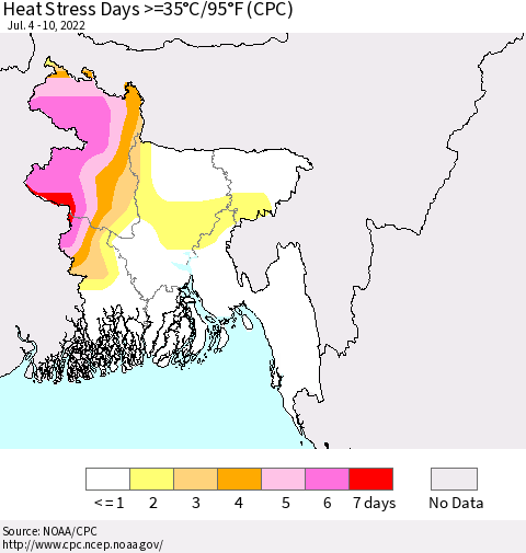 Bangladesh Heat Stress Days >=35°C/95°F (CPC) Thematic Map For 7/4/2022 - 7/10/2022