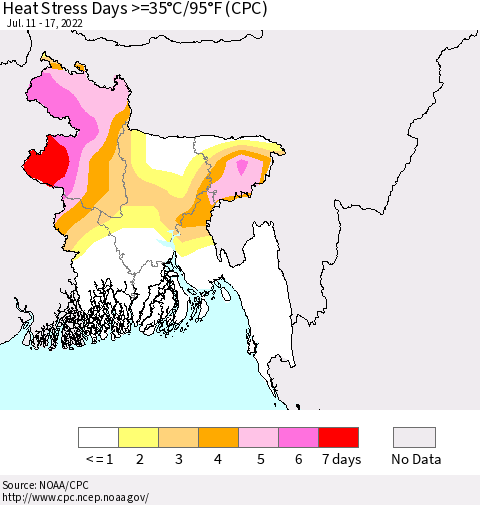 Bangladesh Heat Stress Days >=35°C/95°F (CPC) Thematic Map For 7/11/2022 - 7/17/2022