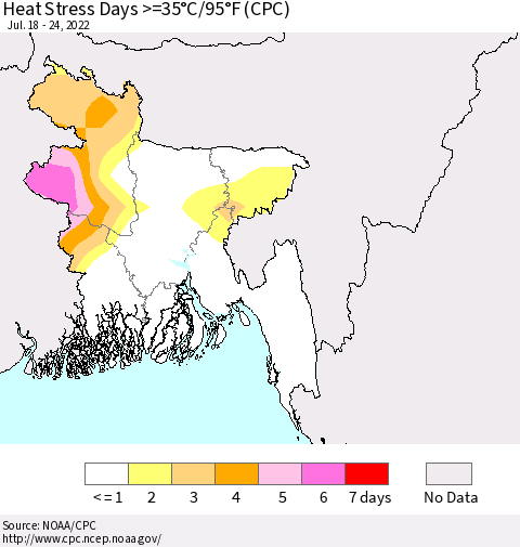 Bangladesh Heat Stress Days >=35°C/95°F (CPC) Thematic Map For 7/18/2022 - 7/24/2022