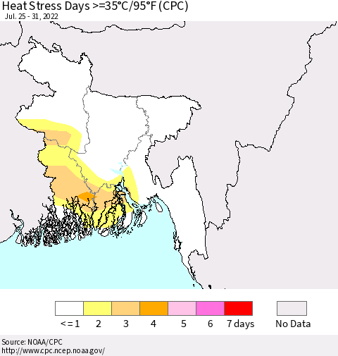 Bangladesh Heat Stress Days >=35°C/95°F (CPC) Thematic Map For 7/25/2022 - 7/31/2022