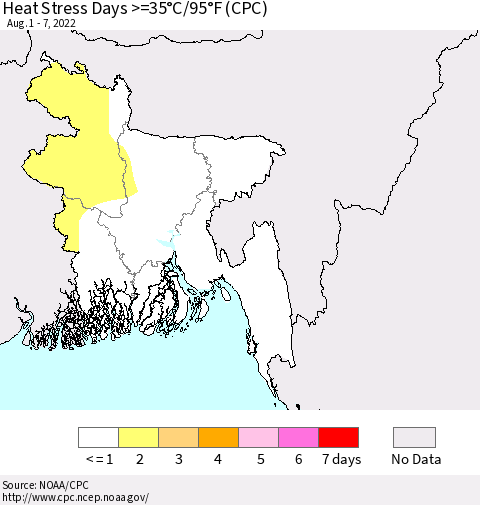 Bangladesh Heat Stress Days >=35°C/95°F (CPC) Thematic Map For 8/1/2022 - 8/7/2022