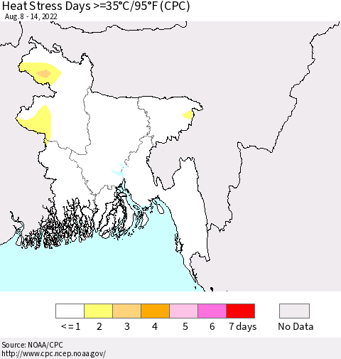Bangladesh Heat Stress Days >=35°C/95°F (CPC) Thematic Map For 8/8/2022 - 8/14/2022