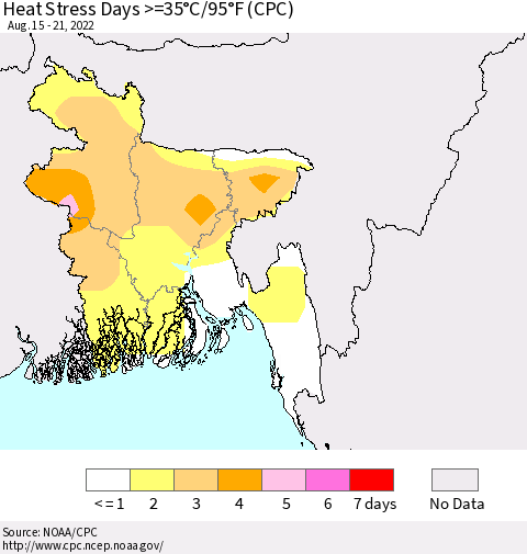 Bangladesh Heat Stress Days >=35°C/95°F (CPC) Thematic Map For 8/15/2022 - 8/21/2022