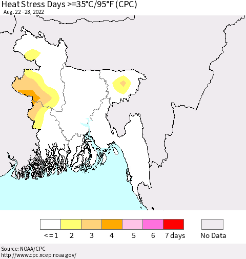 Bangladesh Heat Stress Days >=35°C/95°F (CPC) Thematic Map For 8/22/2022 - 8/28/2022
