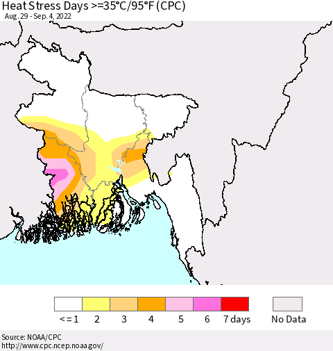 Bangladesh Heat Stress Days >=35°C/95°F (CPC) Thematic Map For 8/29/2022 - 9/4/2022