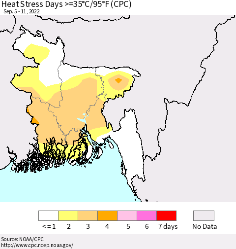 Bangladesh Heat Stress Days >=35°C/95°F (CPC) Thematic Map For 9/5/2022 - 9/11/2022