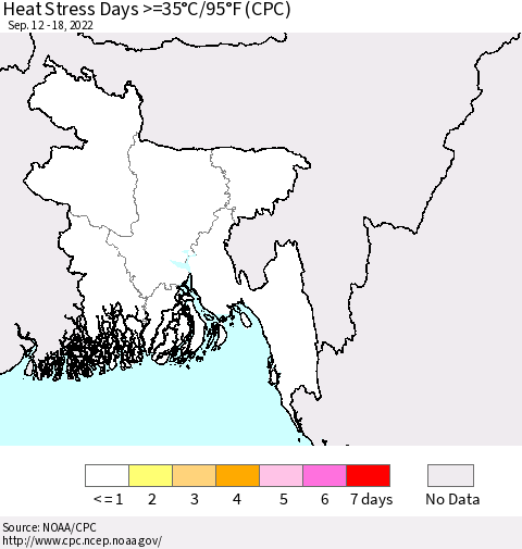 Bangladesh Heat Stress Days >=35°C/95°F (CPC) Thematic Map For 9/12/2022 - 9/18/2022