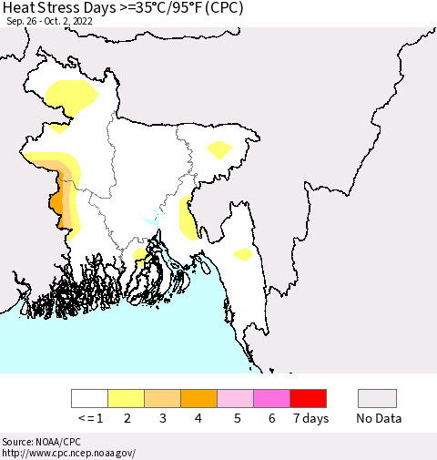 Bangladesh Heat Stress Days >=35°C/95°F (CPC) Thematic Map For 9/26/2022 - 10/2/2022