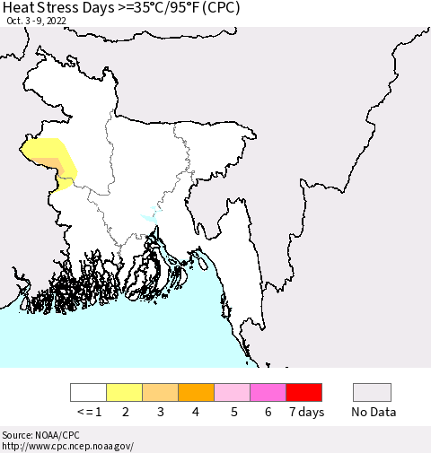 Bangladesh Heat Stress Days >=35°C/95°F (CPC) Thematic Map For 10/3/2022 - 10/9/2022