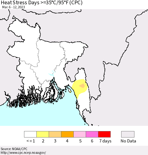 Bangladesh Heat Stress Days >=35°C/95°F (CPC) Thematic Map For 3/6/2023 - 3/12/2023