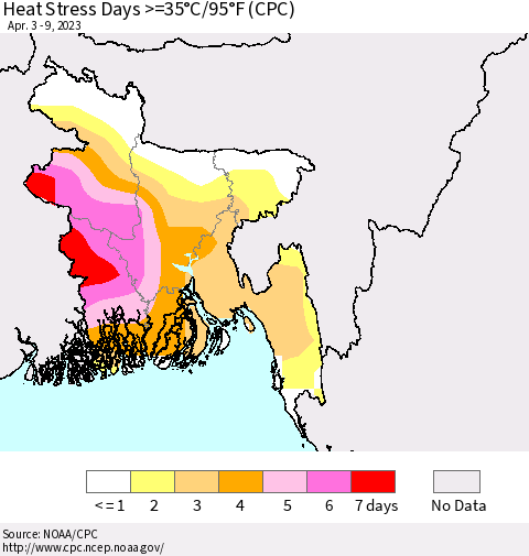 Bangladesh Heat Stress Days >=35°C/95°F (CPC) Thematic Map For 4/3/2023 - 4/9/2023
