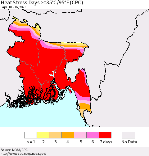 Bangladesh Heat Stress Days >=35°C/95°F (CPC) Thematic Map For 4/10/2023 - 4/16/2023