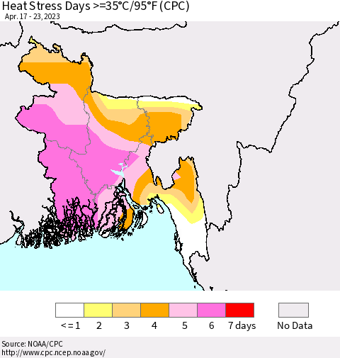 Bangladesh Heat Stress Days >=35°C/95°F (CPC) Thematic Map For 4/17/2023 - 4/23/2023