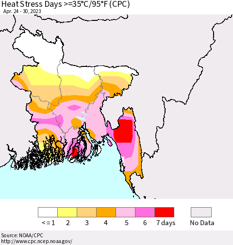 Bangladesh Heat Stress Days >=35°C/95°F (CPC) Thematic Map For 4/24/2023 - 4/30/2023