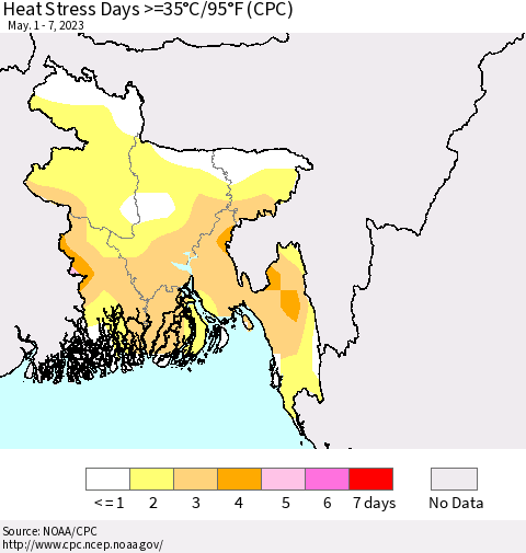 Bangladesh Heat Stress Days >=35°C/95°F (CPC) Thematic Map For 5/1/2023 - 5/7/2023