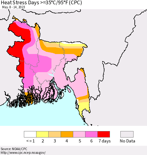 Bangladesh Heat Stress Days >=35°C/95°F (CPC) Thematic Map For 5/8/2023 - 5/14/2023