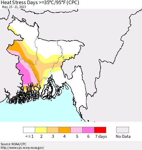 Bangladesh Heat Stress Days >=35°C/95°F (CPC) Thematic Map For 5/15/2023 - 5/21/2023