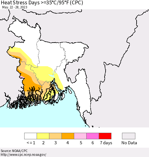 Bangladesh Heat Stress Days >=35°C/95°F (CPC) Thematic Map For 5/22/2023 - 5/28/2023