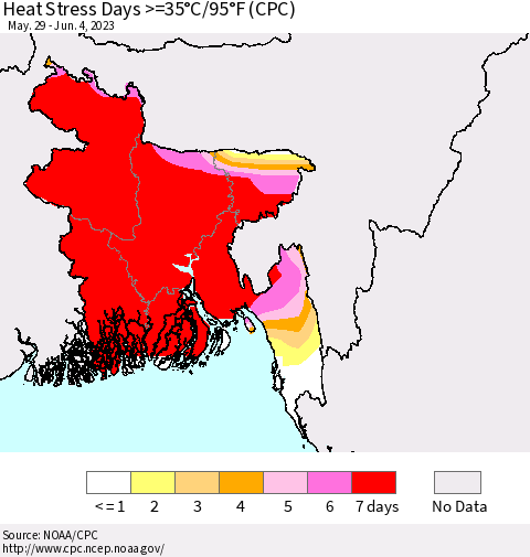 Bangladesh Heat Stress Days >=35°C/95°F (CPC) Thematic Map For 5/29/2023 - 6/4/2023