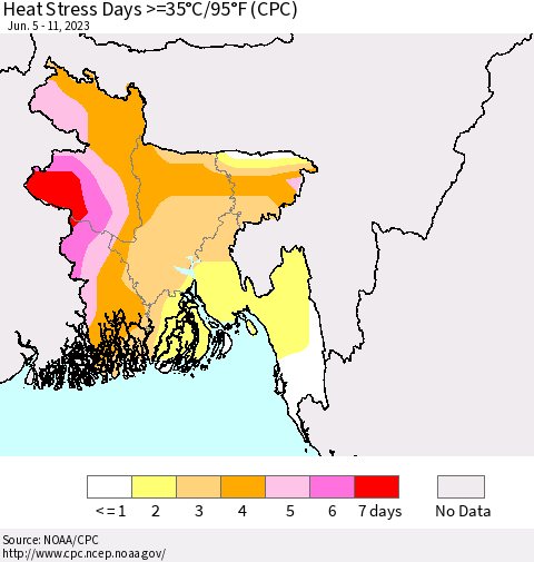 Bangladesh Heat Stress Days >=35°C/95°F (CPC) Thematic Map For 6/5/2023 - 6/11/2023